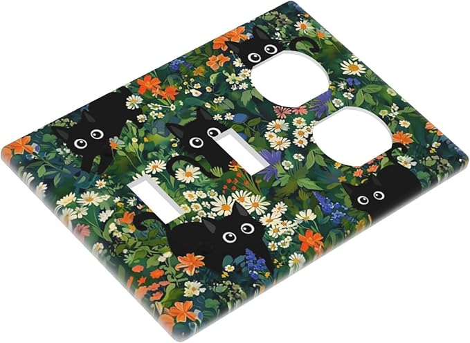 Black Boho Green Leaves Floral 3-Gang 2-Toggle 1-Duplex Receptacle Combination Light Switch Decorative Triple Combo Device Switches/Rocker Outlet Covers and Wall Plate