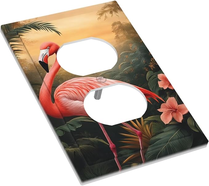 Tropical Flamingo Jungle Paradise Duplex Wall Plate - 1-Gang Standard US Size Exotic Jungle Escape Outlet Covers for Bathroom Decor