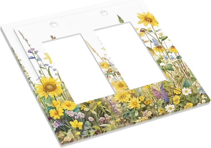 Wildflowers Sunflower Lavender Daisy Floral Decorative Outlet Covers 2 Gang Double GFCI Rocker Electrical Wall Panels Light Switch Cover Plate for Bedroom Living Room Decor