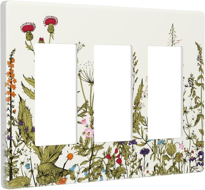 Country Vintage Wild Flowers Floral 3 Gang Triple Rocker/Decorator Light Switch Wall Plate Cover Decorative GFCI Electrical Faceplate Switchplate Dimmer