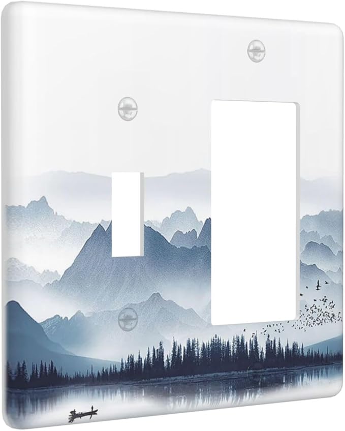 Outlet Covers Mountain Foggy Lake Boat Grey Blue Forest Birds 1 Toggle 1 Rocker Combination Decorative Wall Plate Light Switch Cover Plate Electrical Switch Plates for Bedroom living Room