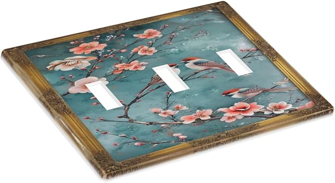 Decorative Art Light Switch Covers Birds on Branches 3 Gang Triple Toggle Wall Plate Decorative Switch plate Electrical Faceplate for Home Decor