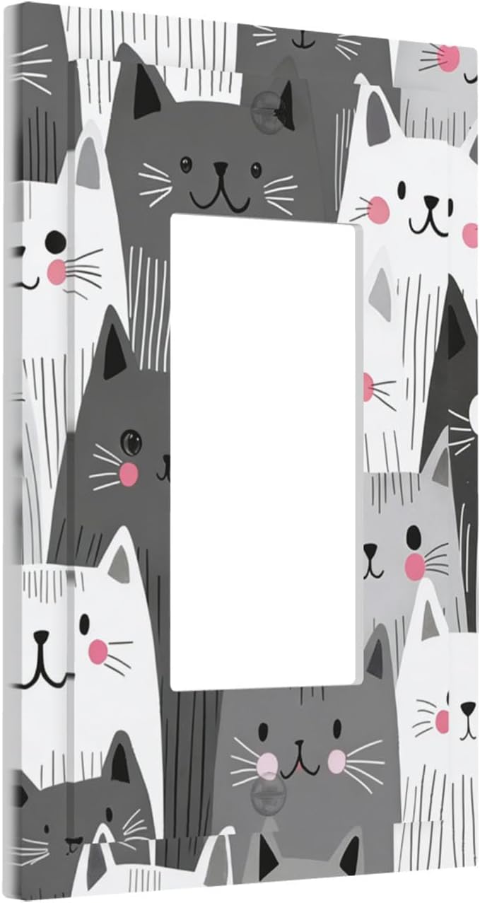 Playful Monochrome Cats with Blush Cheeks Single Rocker Switch Cover - 1-Gang Standard US Size Funny Cat Light Switch Covers for Boys & Girls Bedroom Decor