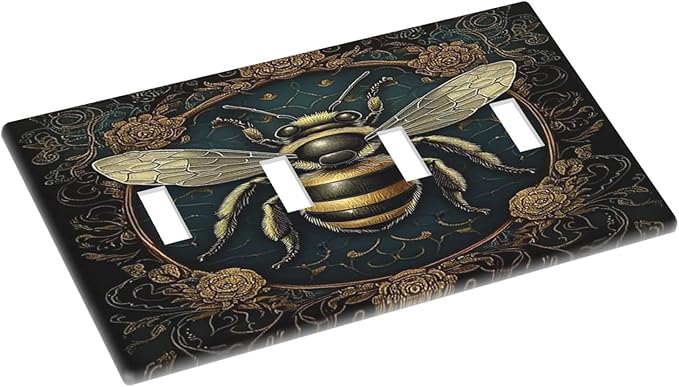Light Switch Covers Mid Century Bee Dark Floral Quad Toggle Electrical Faceplate 4 Gang Wall Plate Decorative Switch Plates For Home Office Decor