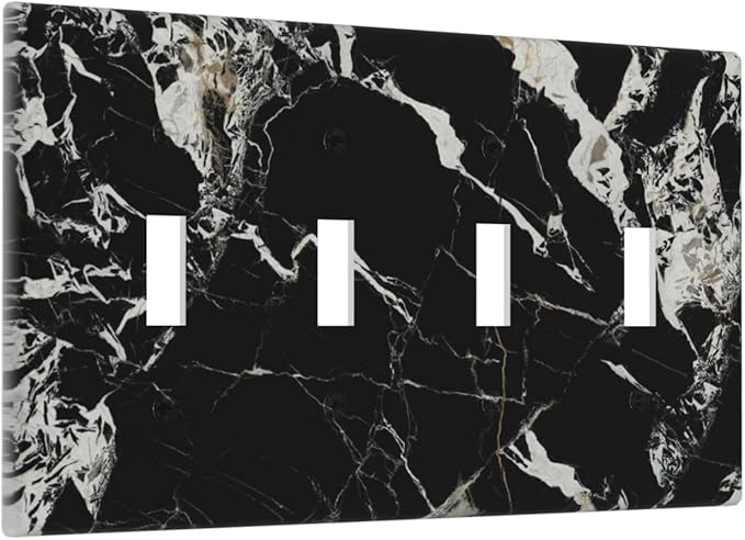 Black Marble Patterns Low Key Luxurious Light Switch Covers Quad Toggle Electrical Faceplate 4 Gang Wall Plate Decorative Switch Plates Cover for Bathroom Kitchen Decor