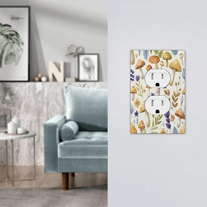 Boho Watercolor Mushroom Flowers Leaf Colorful Floral Outlet Covers 1 Gang Duplex Light Switch Cover Decorative Switch Plates Electrical Receptacle Faceplate Wall Plate for Kids Room Nursery Decor