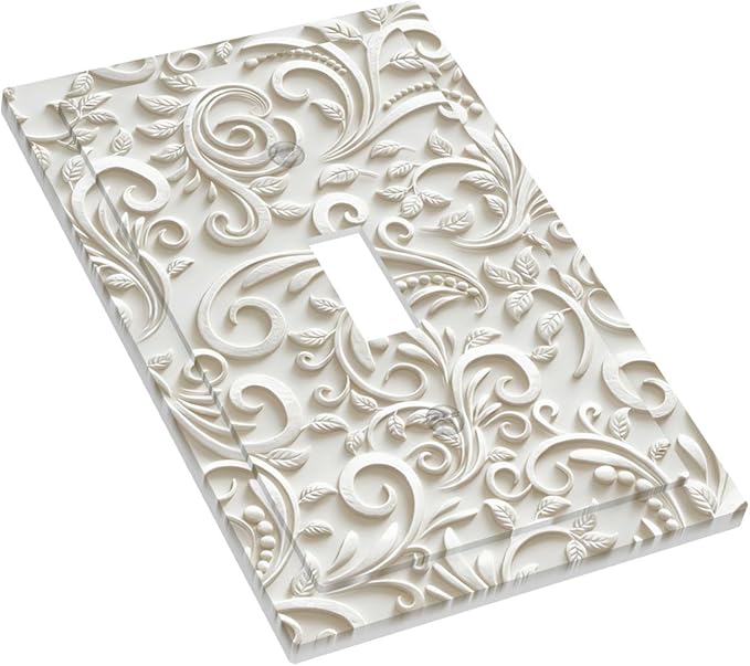 White Floral Vine 1-Gang Toggle Light Switch Plate, French Scroll Printed Pattern Decorative Wall Plate, Neutral Farmhouse Decor for Bedroom Bathroom Living Room