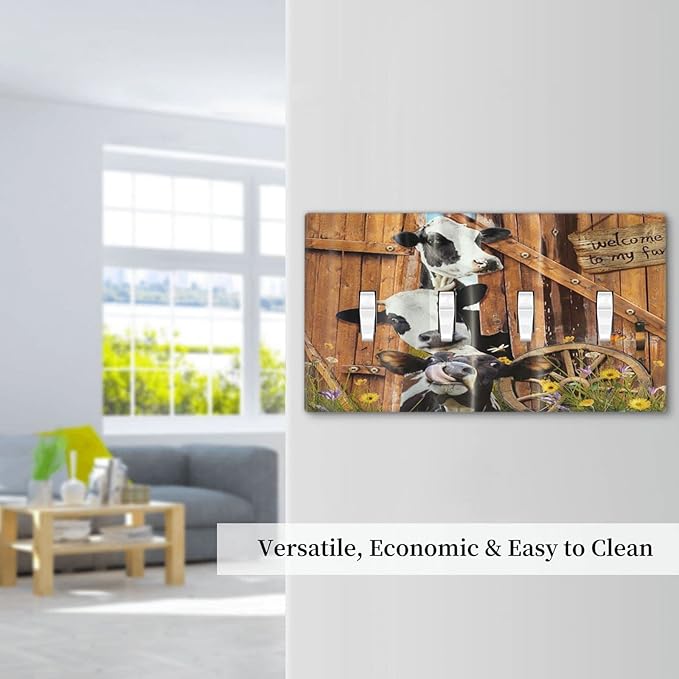 Decorative Switch Plate Covers Farm Cow Farmhouse Barn Door Rustic Vintage Wooden 4 Gang Device Light Switch Cover Country Wildlife Funny Quad Toggle Wall Plate Electrical Faceplate