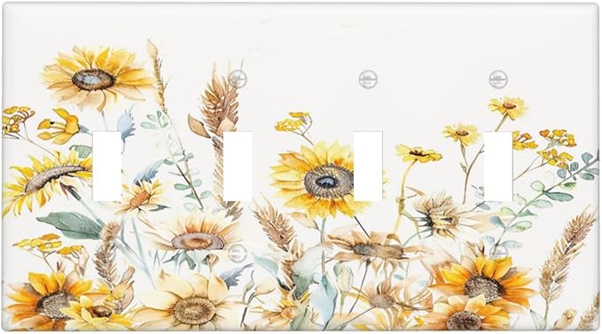 Yellow Floral Sunflowers Wheat Ears Watercolor Wild Flowers Light Switch Covers Quad Toggle Electrical Faceplate 4 Gang Wall Plate Decorative Switch Plates Cover for Bedroom Living Room Decor