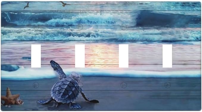 Funny Summer Hawaii Starfish Beach Wave Turtle Four Gang Light Switch Cover, Conch Coral Coastal Nautical Ocean Blue Turtle Tortoise 4 Gang Quad Toggle Switch Wall Plate Outlet Cover Standard Size
