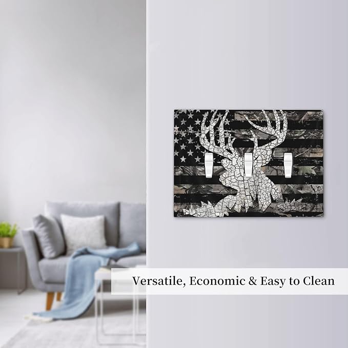American Flag Forest Antler Deer Elk 3 Gang Light Switch Plate Decorative Triple Toggle Wall Plate Cover Electrical Faceplate for Bathroom Home Living Room Decorate