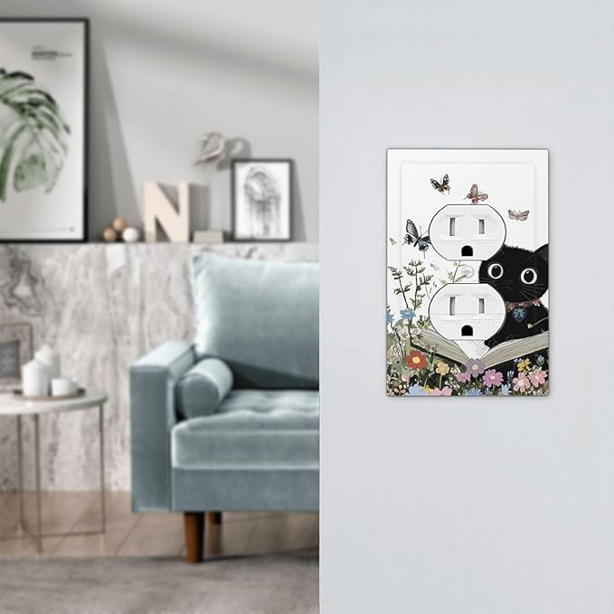 Outlet Covers Cute Cat Wildflowers Boho Flowers Floral 1 Gang Duplex Light Switch Cover Decorative Switch Plates Electrical Receptacle Faceplate Wall Plate For Nursery Kids Room Decor