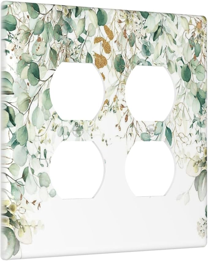 Gold Green Eucalyptus Leaves Plants Flowers Floral Outlet Covers 2 Gang Double Duplex Decorative Light Switch Covers Electrical Wallplates Socket Faceplate for Bedroom Living Room Decor