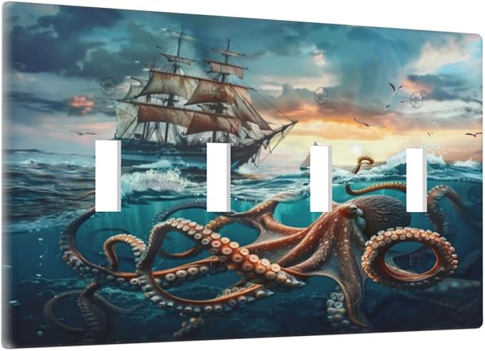 Light Switch Cover Plate Sailboat Ship Octopus Ocean Sea Waves 4 Gang Quad Toggle Decorative Switch Plates Electrical Wall Plates Faceplate for Bathroom Bedroom Decor