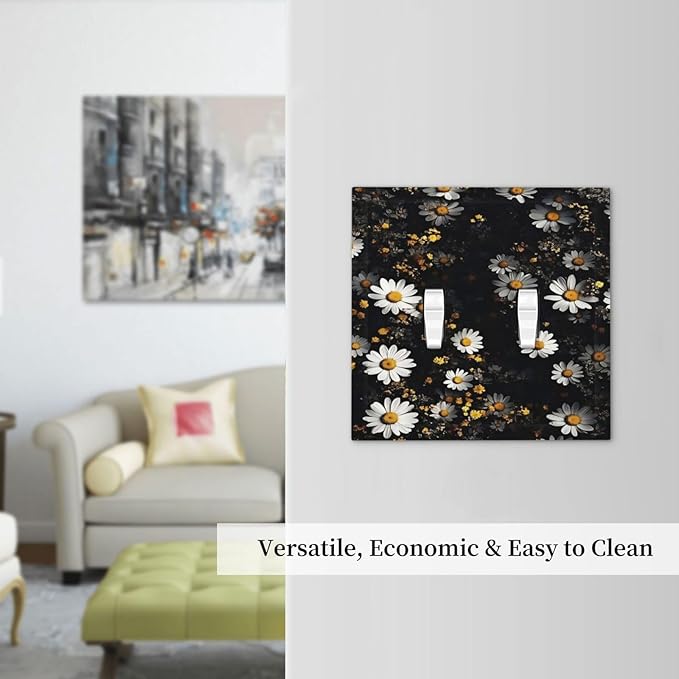 White Black Daisy Wildflower Modern Chrysanthemum Decorative Switch Plates 2 Gang Double Toggle Outlet Light Switch Cover Wall Plate Electrical Faceplate for Bedroom Farmhouse Decor