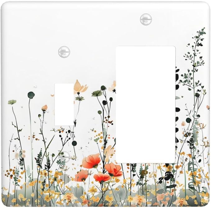 Vintage Country Style Watercolor Leaves Wildflowers Floral Outlet Covers 1 Toggle 1 Rocker Combination Decorative Wall Plate Electrical Switch Plates Light Switch Cover Plate for Bedroom Living Room
