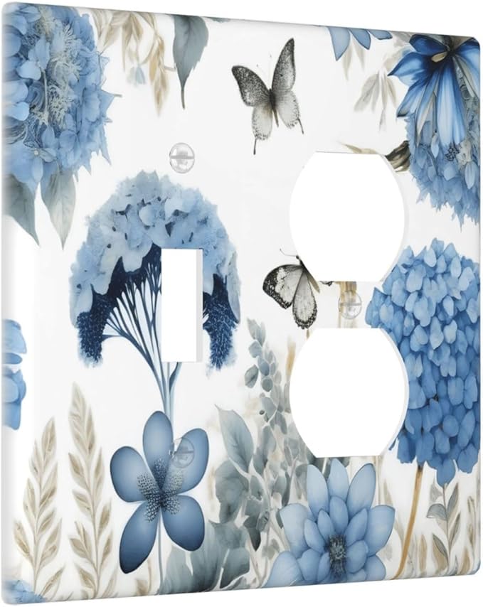 Blue Floral Hydrangea Floral Butterfly Flower Plant Wallplates 1 Toggle 1 Duplex Switch Plate Electrical GFCI Faceplate Decorative Light Switch Covers for Bedroom Living Room Decor