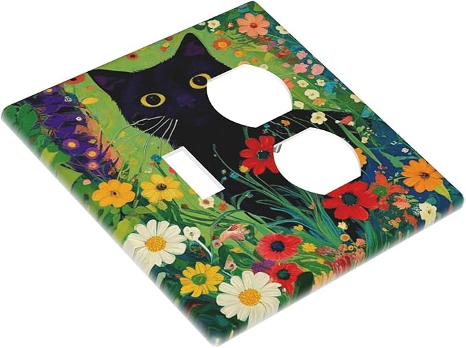 Decorative Art Light Switch Covers BlackCat&Flowers 2 Gang Single Toggle Duplex Combination Electrical Faceplate Switchplate Wall Plate for Home Decor