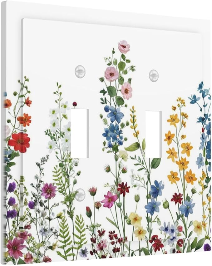 Decorative Light Switch Cover Plate Colorful Wildflowers Plants Flowers on White Background 2 Gang Switch Plate Covers Double Toggle Wall Plates Electrical Faceplate for Bathroom Home Decor