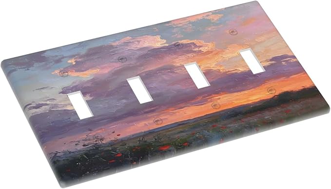 Abstract Sunset Dusk Natural Scenery Wild Flowers Light Switch Covers Quad Toggle Electrical Faceplate 4 Gang Wall Plate Decorative Switch Plates Cover for Farmhouse Bedroom Decor