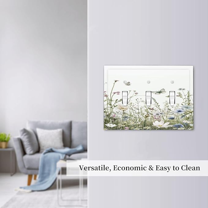 Colorful Wildflowers Daisy Plant Butterfly Floral Decorative Switch Plates 3 Gang Wall Plate Triple Toggle Light Switch Cover Faceplate Electrical Wall Panels for Bed Room Living Room Decor