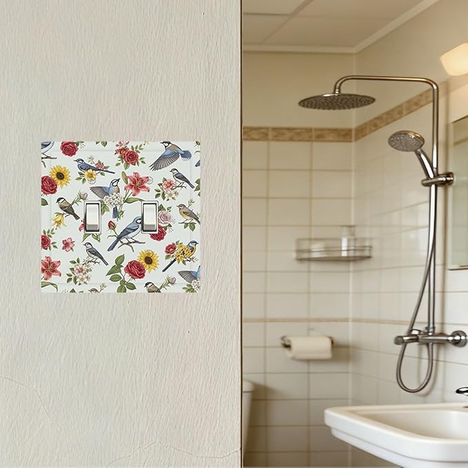 Vintage Birds & Blooms Double Toggle Switch Cover - 2-Gang Standard US Size English Countryside Chintz Light Switch Covers, Botanical Floral & Songbird for Bedroom Decor