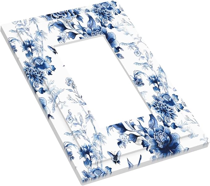 Blue Flower White Floral Plant Bird Butterfly Decorative Outlet Covers 1 Gang Single Rocker Light Switch Cover Plate Wall Plates GFCI Faceplate for Bedroom Living Room Decor