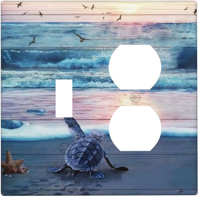 2-Gang 1-Toggle 1-Duplex Combination Wall Plate Nautical Ocean Teal Blue Beach Turtle Sea Life Coastal Starfish Sunset Two Combo Double Device Toggle/Outlet Receptacle Light Switch Face Plate Cover