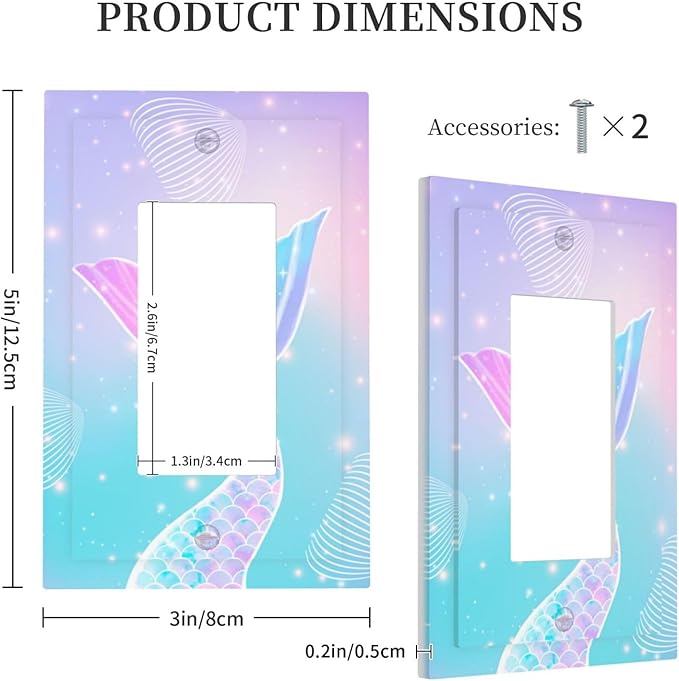 Mermaid Single Light Switch Cover Plate Rainbow Tail Scales Jelly Fish 1 Gang Rocker Outlet Covers Decorative Electrical GFCI Wallplate for Nursery Girls Boys Room Kids Room Décor