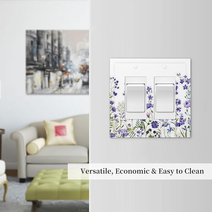 Lavender Wildflowers Purple Flowers Plant Floral Decorative Outlet Covers 2 Gang Double GFCI Rocker Electrical Wall Panels Light Switch Cover Plate for Bedroom Living Room Decor