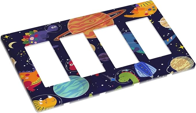 Galaxy Starry Astronaut Dinosaur 4 Gang Quad Rocker Light Switch Cover Plate Decorative Electric Faceplate Switchplate Living Room Bedroom Decorate Jumbo Screwless