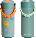 Elemental 100% Leak Proof When Spout is Closed Insulated Kids Water Bottle, Stainless Steel Bottle for School with Straw Lid & Pop-It Handle, Safari & Sage -18oz (2 Pack)