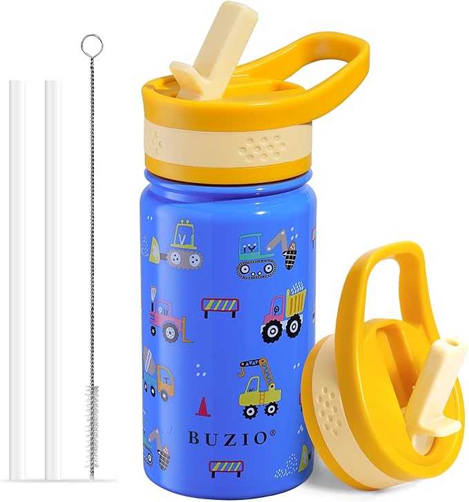 BUZIO 14 oz Kids Water Bottle with Straw Lid, Vacuum Insulated Stainless Steel Metal Thermo Bottles for Toddlers Girls Boys Leak Proof BPA-Free & Lead-Free Flask for School, Blue Construction Car