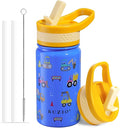 BUZIO 14 oz Kids Water Bottle with Straw Lid, Vacuum Insulated Stainless Steel Metal Thermo Bottles for Toddlers Girls Boys Leak Proof BPA-Free & Lead-Free Flask for School, Blue Construction Car