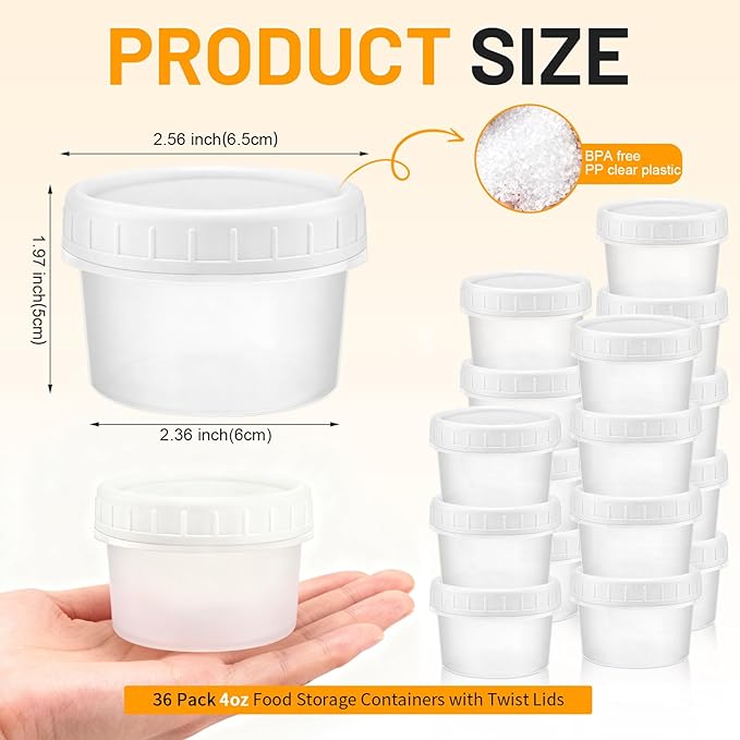 24 Pack 4 oz(120 ml) Food Storage Jars with Screw Lids, Reusable Small Refrigerated Jars, Small Plastic Freezer Storage Food Containers for Cake Jam Ice Cream Snack Sauce Soup