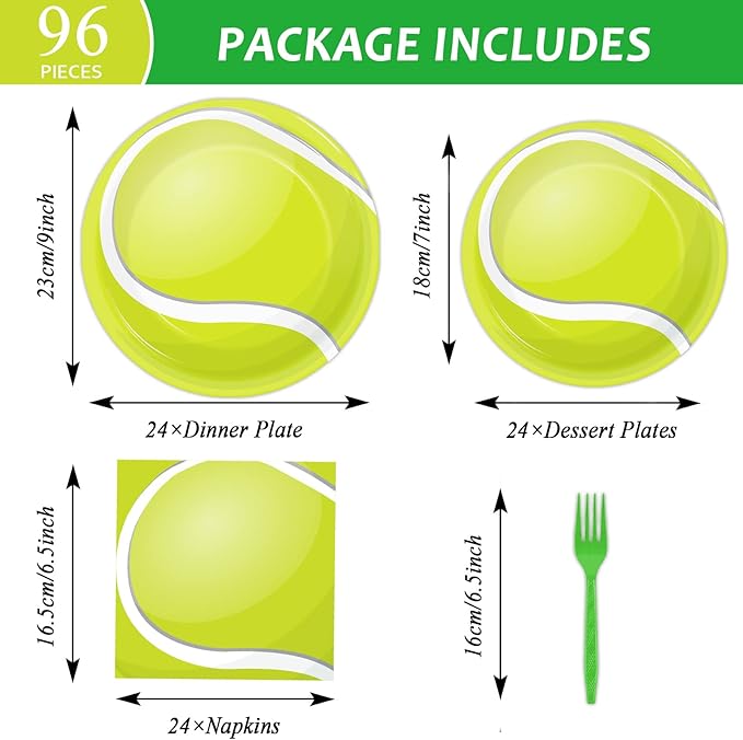 96 Pcs Tennis Party Plates Napkins Tableware Set Tennis ball Supplies Disposable Dinnerware Sports Birthday Decoration Favors for Baby Shower Brithday Party, 24 Guests