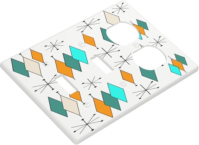 70s Abstract Boho Geometric Mid Century Atomic 3 Gang 2-Toggle 1-Duplex Combo Wall Plate Decorative Light Switch Outlet Wallplate Faceplate Cover