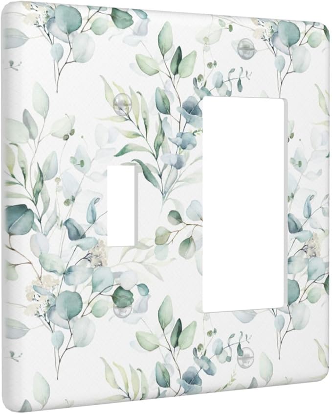 Green Eucalyptus Leaf 2 Gang Single Toggle/Rocker Combination Light Switch Cover Decorative Wall Plate Cover Electrical Faceplate Art Decor