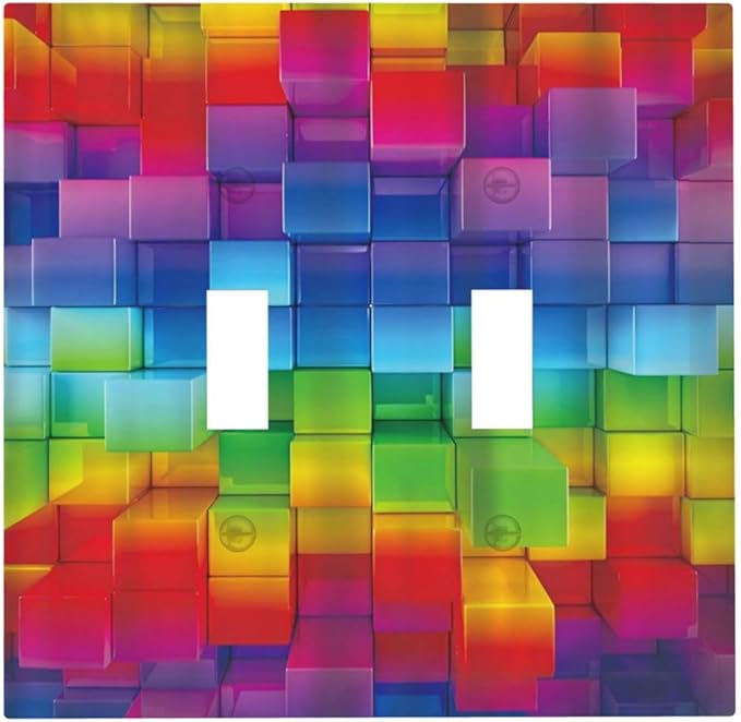 3D Colorful Rainbow Wall Abstract Squre Shaped Double Toggle Light Switch Covers Decorative Unique 2 Gang Wall Plate Dual Electrical Faceplate Switchplate for Bathroom Living Room Decor