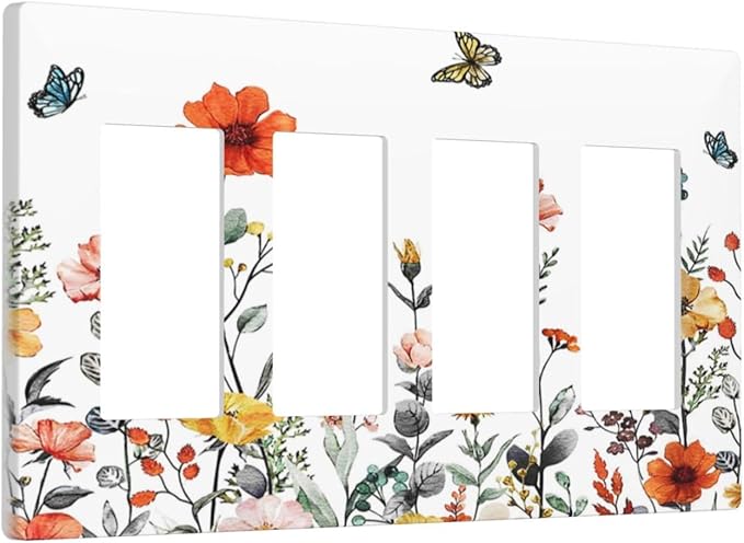 Colorful Butterfly Blossom Flower Floral 4 Gang Quad Rocker Light Switch Cover Decorative Quadruple Device GFCI/Decorator Wall Plate Electric Faceplate Screwless
