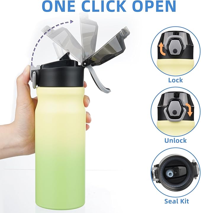 BJPKPK Insulated Water Bottle 18oz Stainless Steel Water Bottles with Straw and Carry Handle Double Wall Metal Thermal Flask,Lime