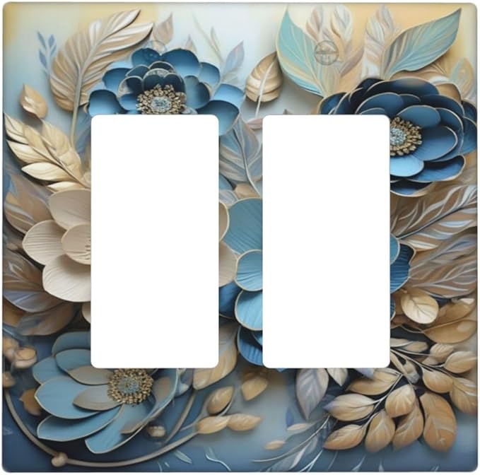 Decorative Art Light Switch Covers Blue and Creamy Floral 2 Gang Dual Rocker Outlet Switch plate Faceplate GFCI for Home Decor