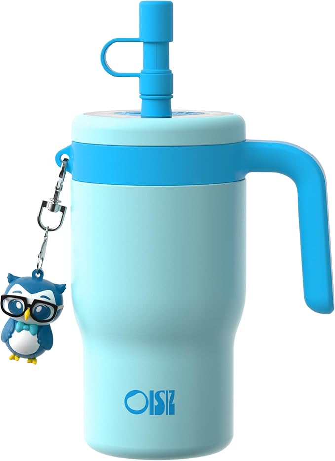OISIZ 14oz Kids Tumbler with Straw Lid & Handle,Kids Cup with Animal Accessory for School,Kids Water Bottles with Dust-proof Cover,Leakproof Bottles,316 Stainless Steel,Keep Cold 24 Hours-sky blue