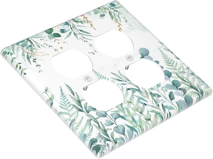 Boho Green Eucalyptus Leaf Floral Sage Flower Outlet Covers 2 Gang Double Duplex Decorative Light Switch Covers Electrical Wallplates Socket Faceplate for Bedroom Living Room Decor