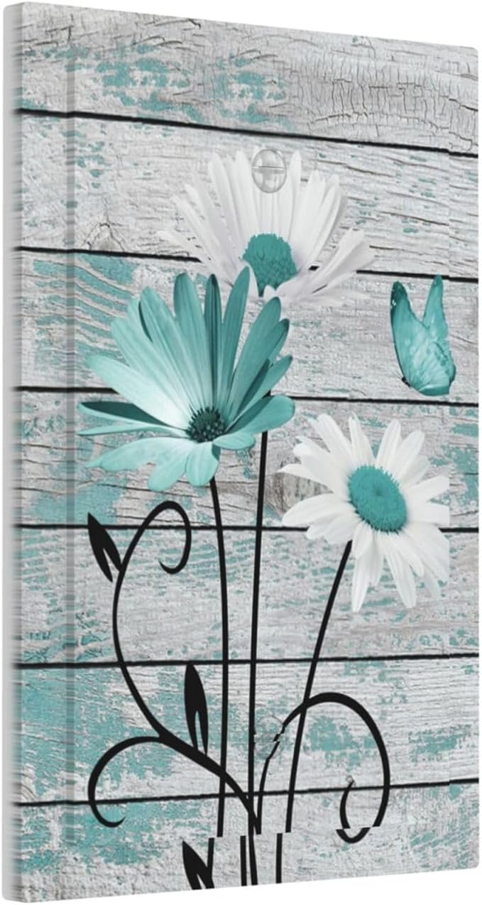 Teal White Daisy Flower Butterfly On Rustic Wood Board Light Switch Cover Plate 1 Gang No Device Blank Electrical Wall Plates Faceplate Decorative Switch Plate Covers for Farmhouse Bedroom Decor