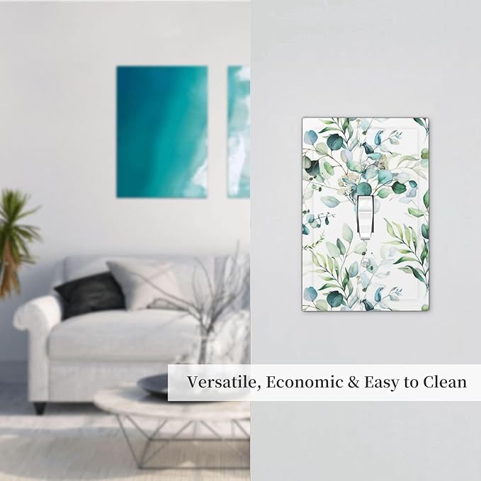 Green Olive Sage Eucalyptus Leaves Single Toggle Light Switch Plate Outlet Cover Decorative One Device Wall Plate 1-Gang Electrical Switch Faceplate