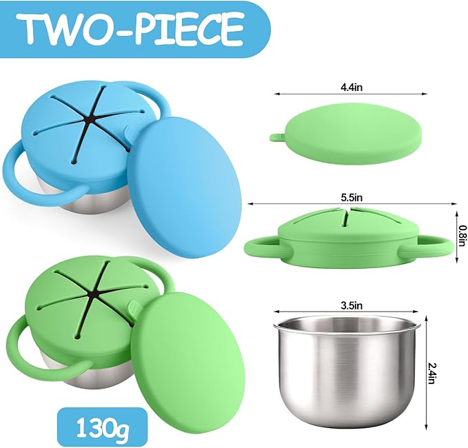 Mity rain Stainless Steel Snack Containers for Toddlers with Spill-Proof Silicone Lids Handles - 3-in-1 Baby Snack Cups, No-Spill Toddler Snack Box (Deep Blue+Deep Green, Two piece set)