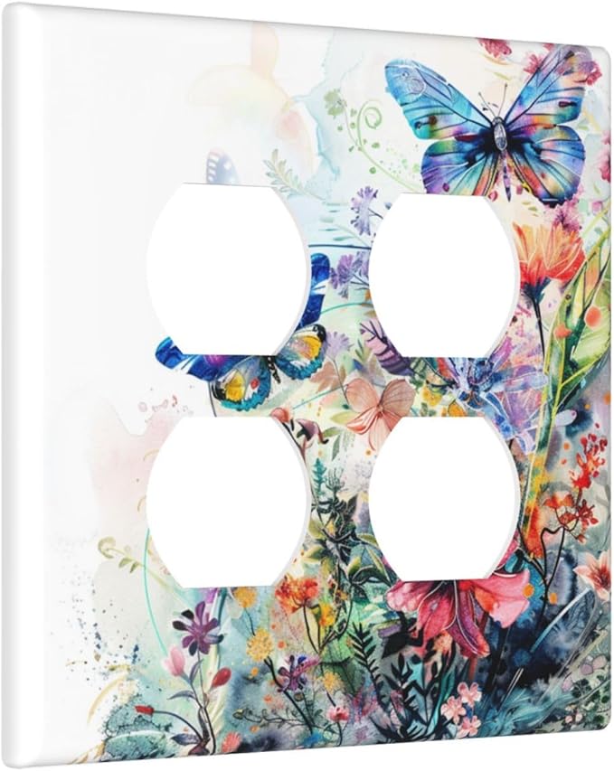 Decorative Outlet Covers Watercolor Colorful Floral Butterflies Wildflowers 2 Gang Decorative Switch Plate Double Duplex Wall Plates Switch Plates and Outlet Covers for Bathroom Bedroom Decor