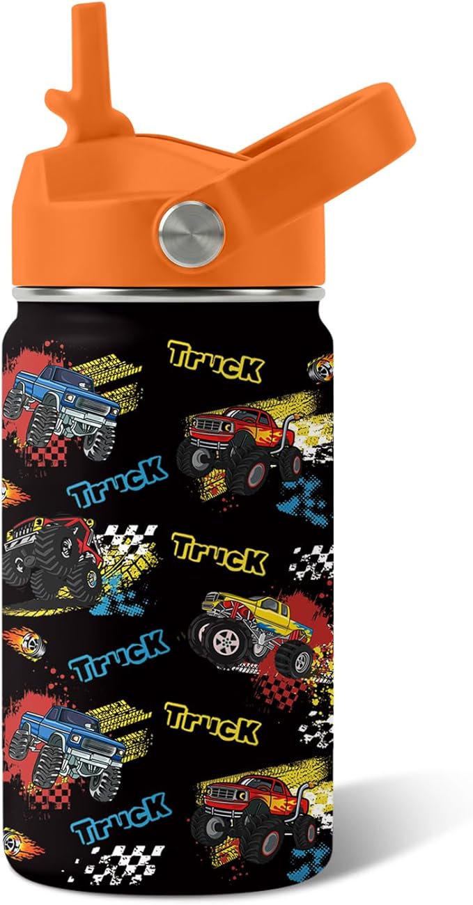 Truck Gifts for Kids - 12oz Kids Water Bottle with Straw Lid, Monster Trucks Water Bottle Insulated, Leak Proof, BPA-Free, Car Tumbler, School, Travel - Truck Lovers Children Birthday Gift Cup(1pc)
