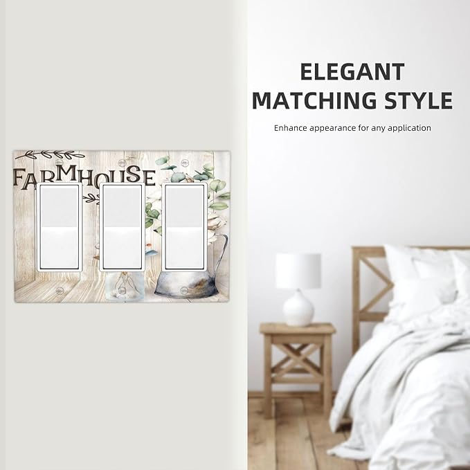 Decorative Switch Plate Covers Farmhouse Floral Cotton 3 Gang Triple Rocker Decora Light Switch Cover Rustic Country Flower Outlet Wall Plate Electrical Faceplate GFCI for Bedroom Home Decor